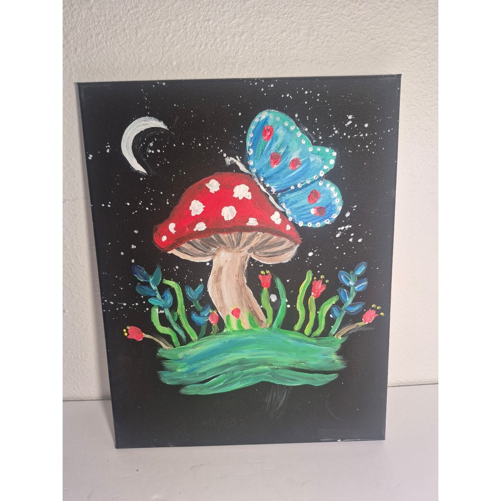 Whimsical Cottagecore Magical Mushroom and Butterfly Painting